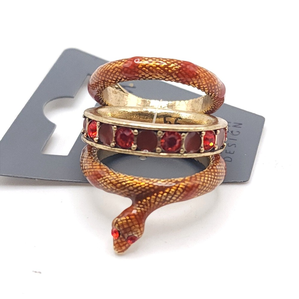 Pilgrim Danish Design Snake Ring Gold Tone Red Swarovski Crystal Enamel Size 8